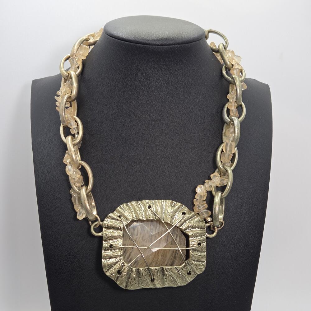 Vintage Brutalist Rutilated Quartz Statement Necklace Bold Fashion Choker 17"